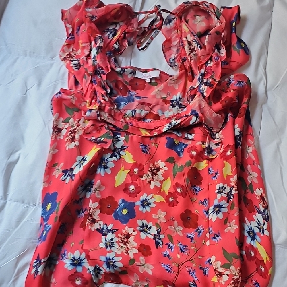 Parker Vibrant Floral Ruffle Blouse - Red and Blue. Polyester.  Thin fabric.